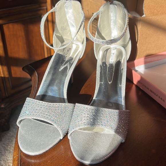 Silver kitten heel with iridescent gems on heel and toe - Picture 2 of 11